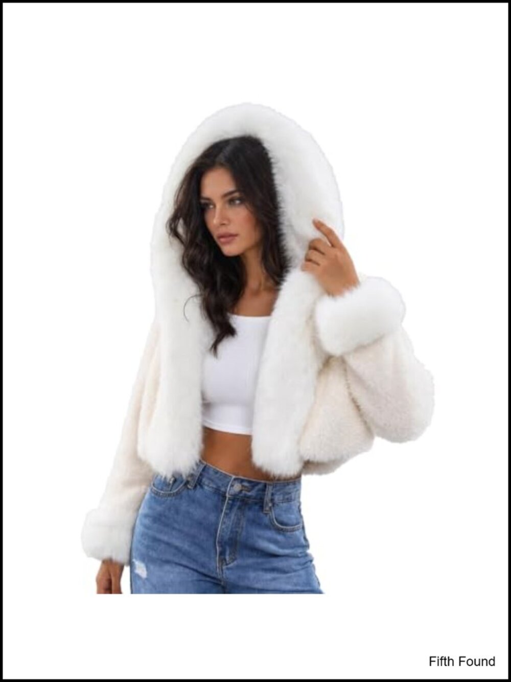 Faux Fur Hooded Cropped Jacket Fuzzy Cuff Sleeve Warm Winter Coat